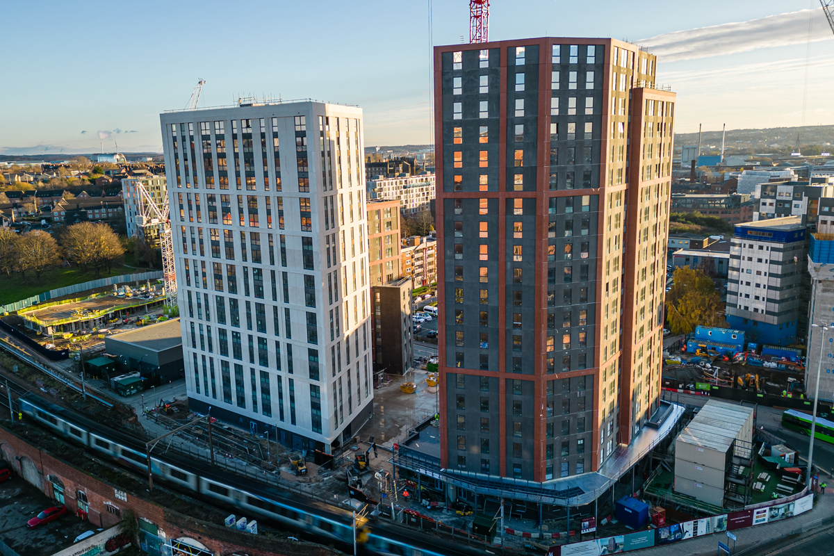  Leeds high-rise development designed by Den Architecture – aerial image by Lucas Media 