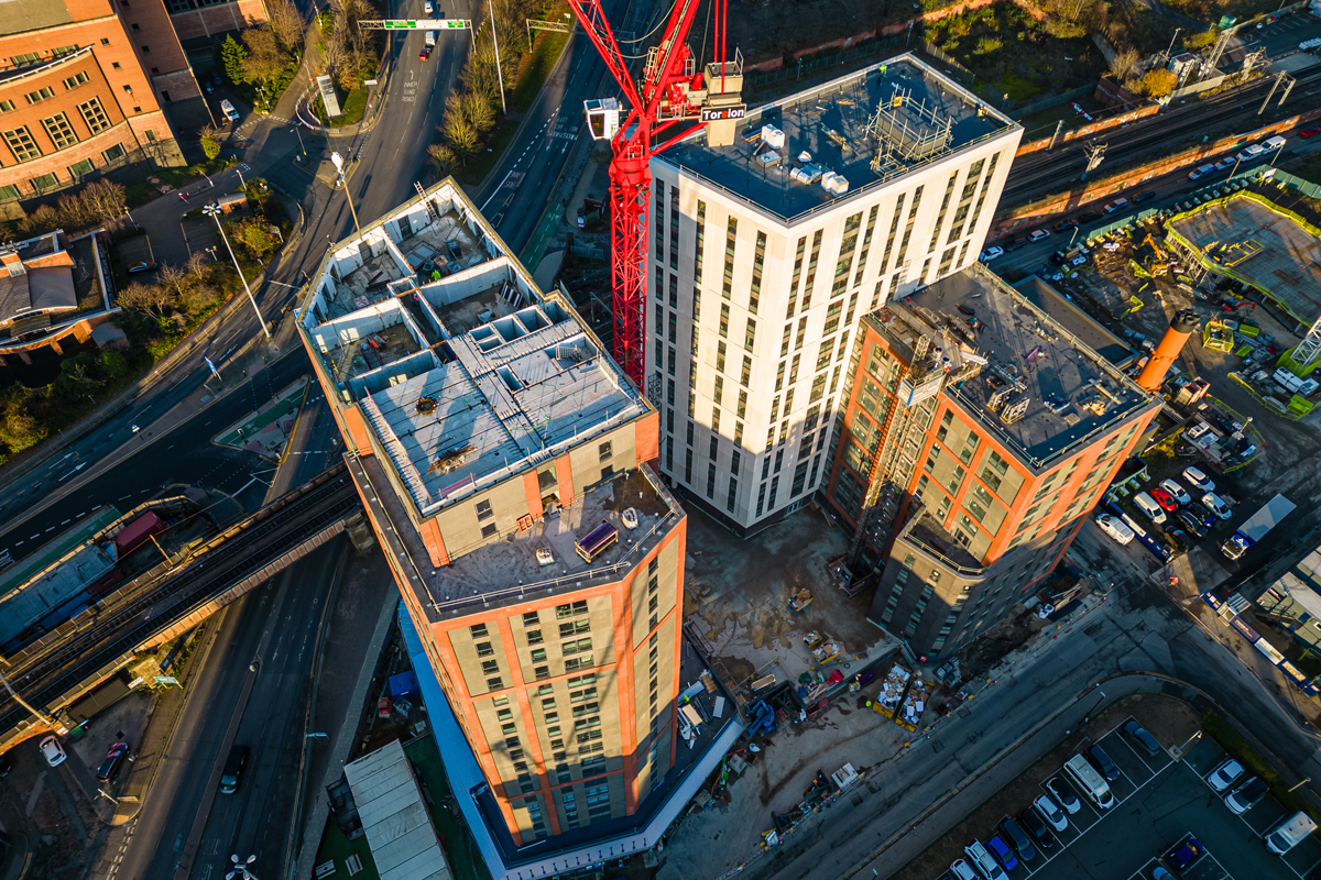  Drone image showing Phoenix towers and Leeds city streets – captured for Den Architecture 